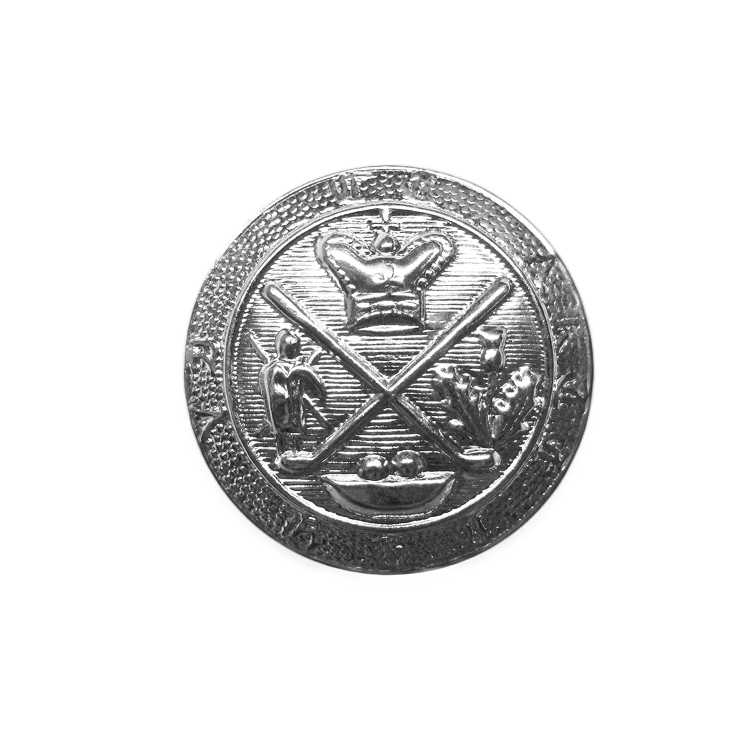 The Coat of Arms Design Metal Blazer Buttons are silver, circular emblems with a crown, crossed batons, and two seated figures facing each other, inspired by traditional blazer button motifs.