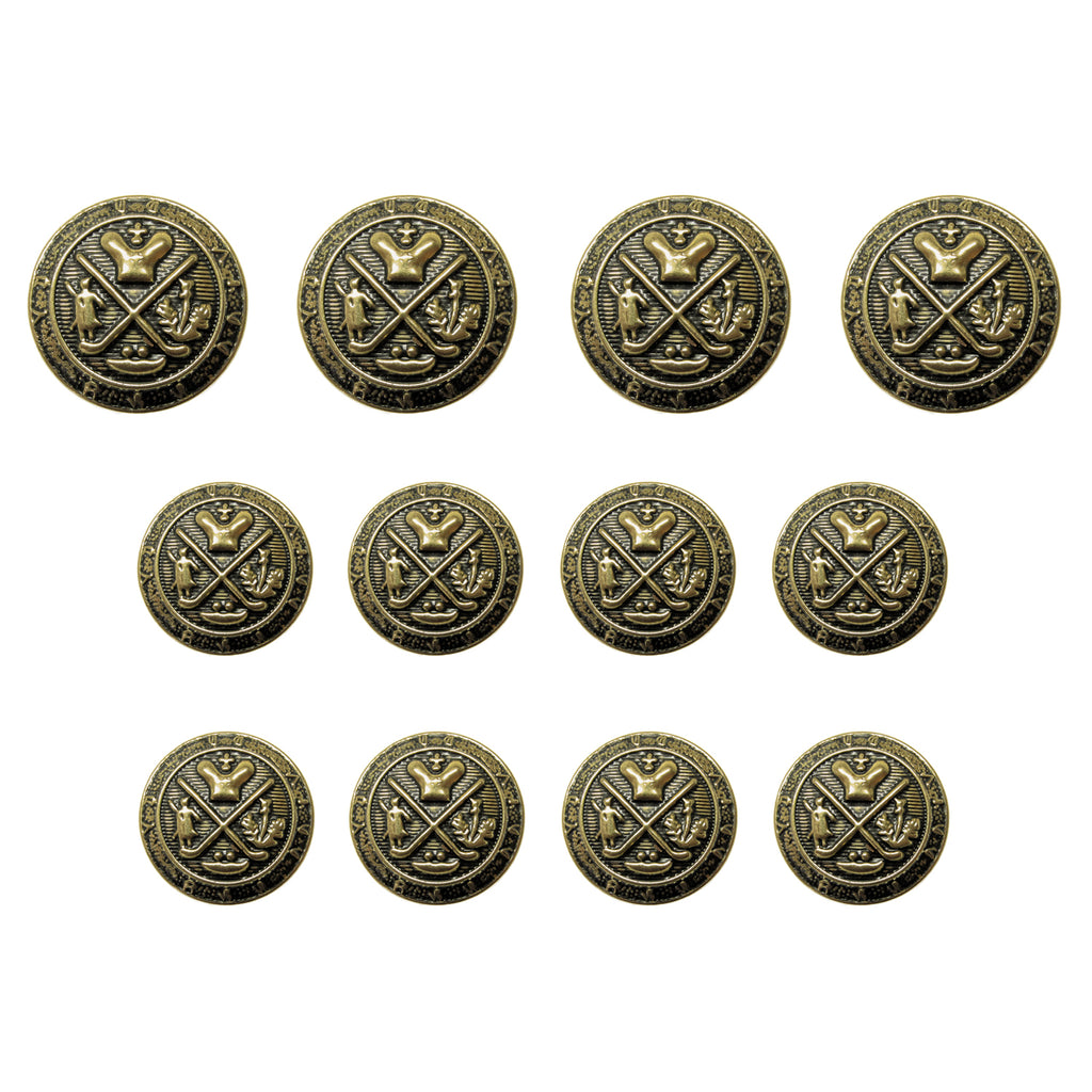 Set of eleven Coat of Arms Design Metal Blazer Buttons in antique gold, featuring crossed swords and an eagle emblem. Ideal for military uniforms or as collectible metal blazer buttons. Displayed on a white background.