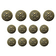 Set of eleven Coat of Arms Design Metal Blazer Buttons in antique gold, featuring crossed swords and an eagle emblem. Ideal for military uniforms or as collectible metal blazer buttons. Displayed on a white background.
