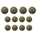 Set of eleven Coat of Arms Design Metal Blazer Buttons in antique gold, featuring crossed swords and an eagle emblem. Ideal for military uniforms or as collectible metal blazer buttons. Displayed on a white background.