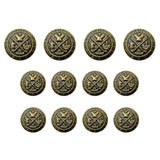 Set of eleven Coat of Arms Design Metal Blazer Buttons in antique gold, featuring crossed swords and an eagle emblem. Ideal for military uniforms or as collectible metal blazer buttons. Displayed on a white background.