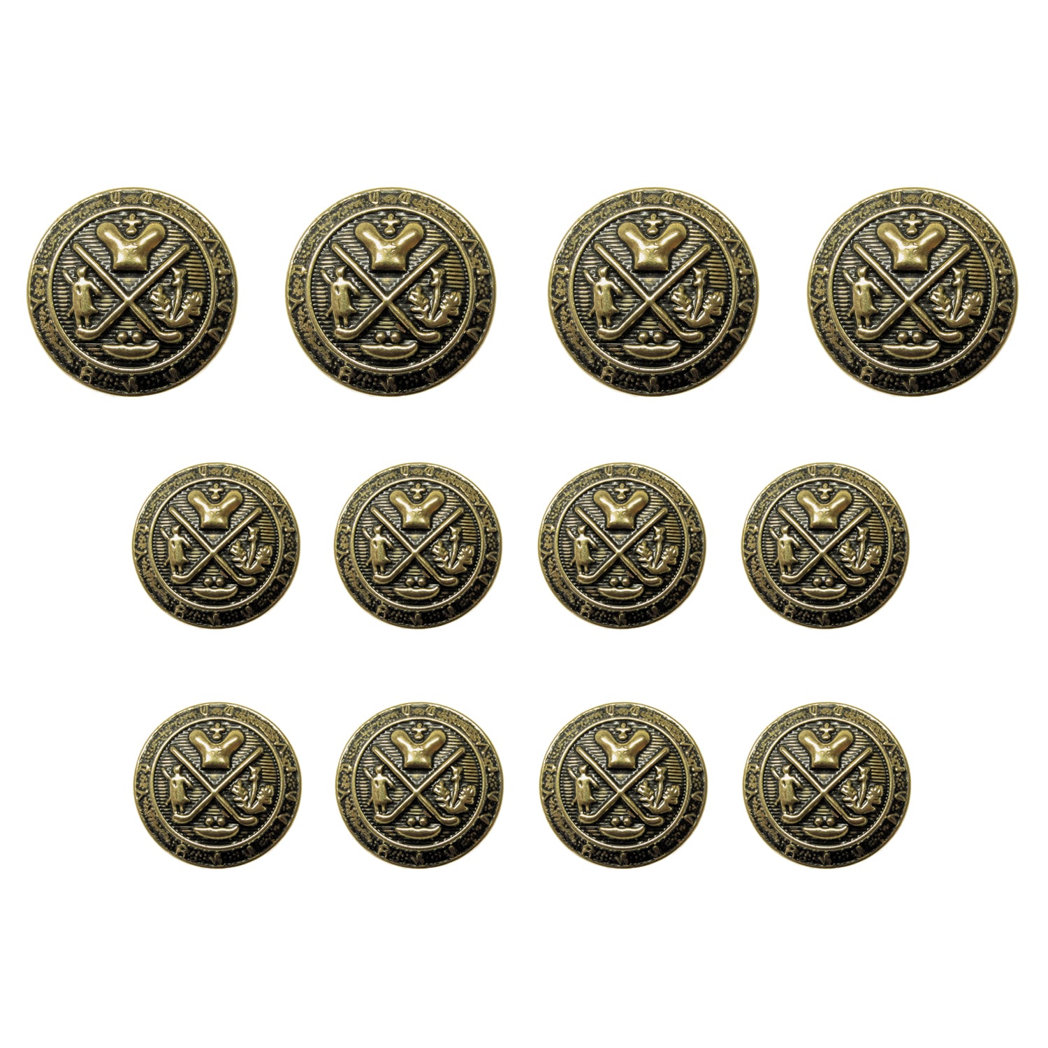 Set of eleven Coat of Arms Design Metal Blazer Buttons in antique gold, featuring crossed swords and an eagle emblem. Ideal for military uniforms or as collectible metal blazer buttons. Displayed on a white background.