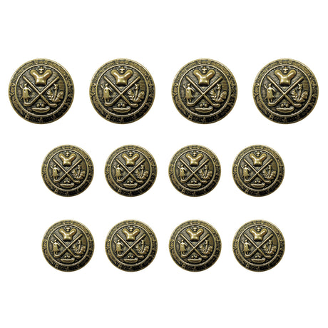 Set of eleven Coat of Arms Design Metal Blazer Buttons in antique gold, featuring crossed swords and an eagle emblem. Ideal for military uniforms or as collectible metal blazer buttons. Displayed on a white background.