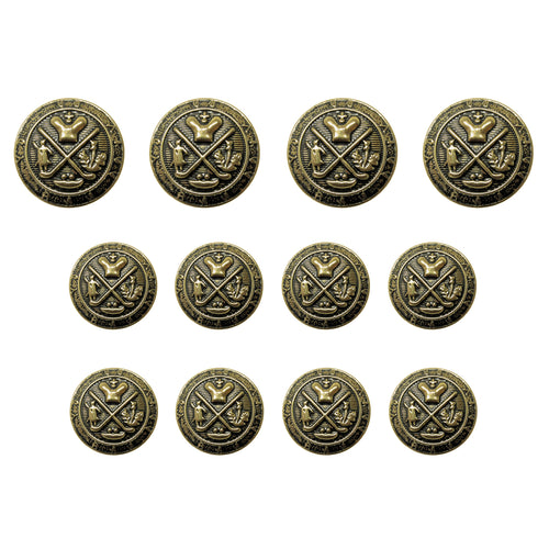 Set of eleven Coat of Arms Design Metal Blazer Buttons in antique gold, featuring crossed swords and an eagle emblem. Ideal for military uniforms or as collectible metal blazer buttons. Displayed on a white background.