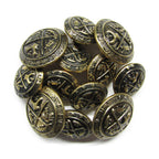 A pile of round Coat of Arms Design Metal Blazer Buttons with intricate raised patterns and dark accents, ideal for adding a vintage touch.