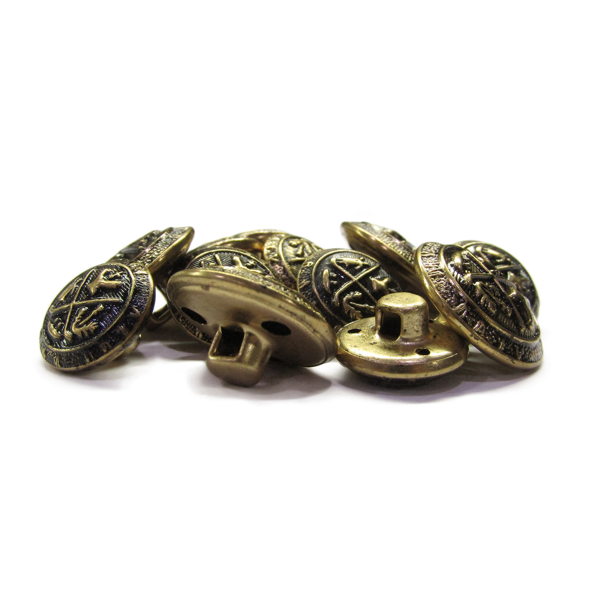 A set of Coat of Arms Design Metal Blazer Buttons with intricate, vintage gold detailing displayed on a white background.
