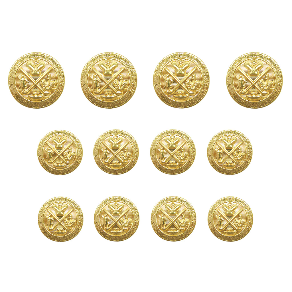 Set of eleven Coat of Arms Design Metal Blazer Buttons, each with a crossed sword, baton, and crown emblem—ideal for enhancing blazers or adding distinction to your coat of arms jacket.