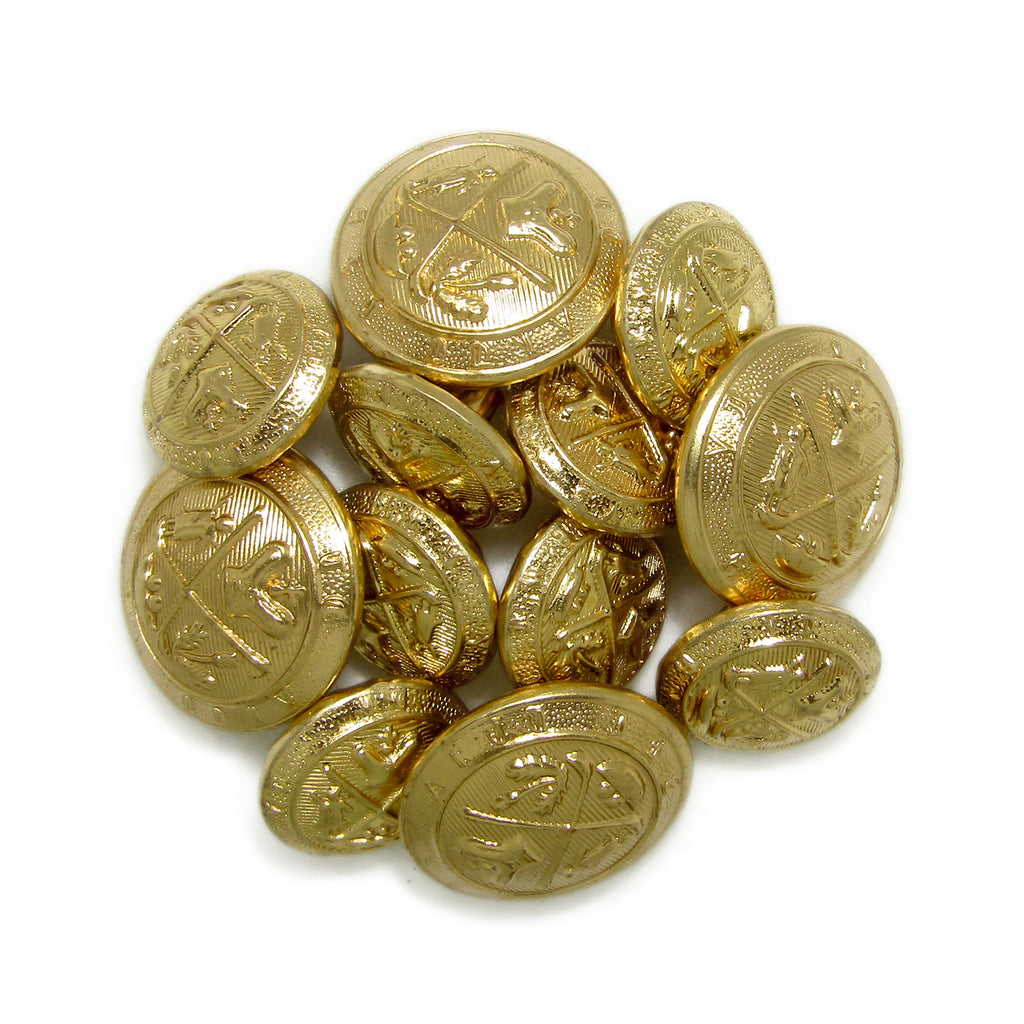 Coat of Arms Design Metal Blazer Buttons feature a shiny antique gold finish, engraved crest, and textured edges—ideal as elegant metal blazer buttons or coat of arms accents for a polished look.
