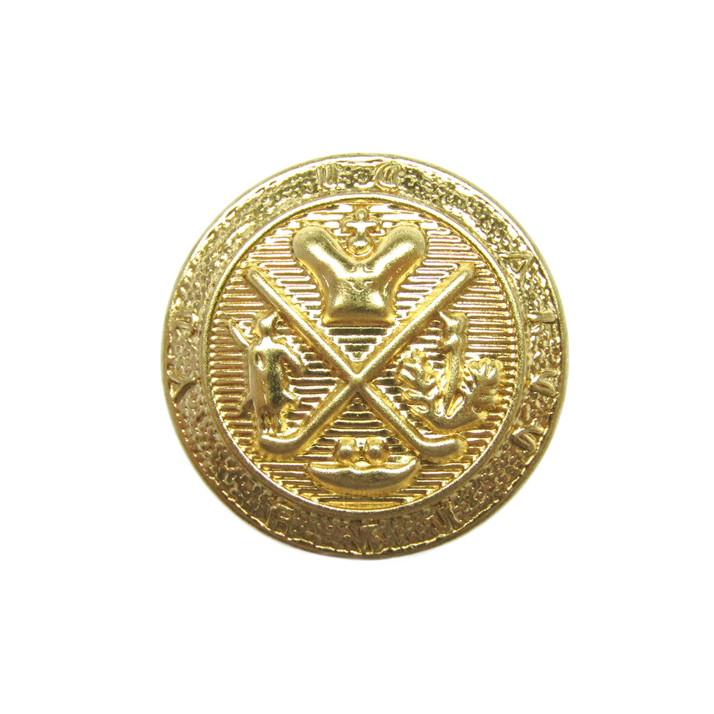 Coat of Arms Design Metal Blazer Buttons feature an antique gold finish with a detailed crest—crossed objects, crown, and animal figures—ideal for adding distinction to blazers or uniforms.