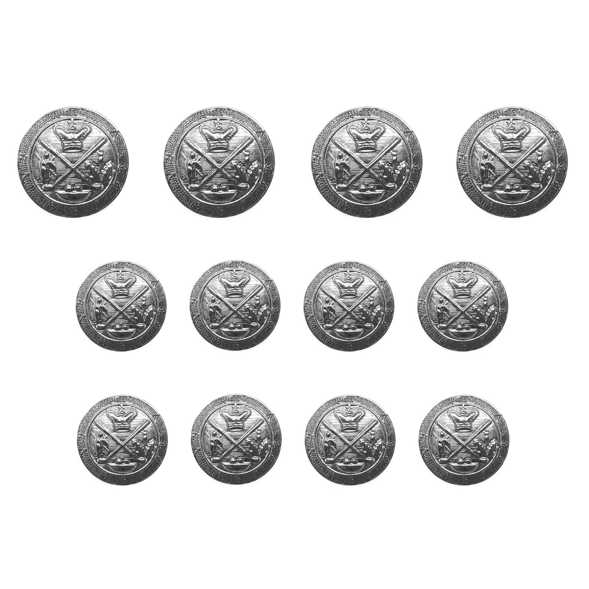 Eleven identical Coat of Arms Design Metal Blazer Buttons are arranged in four rows on a white background, evoking the look of antique silver coins or classic blazer accents.