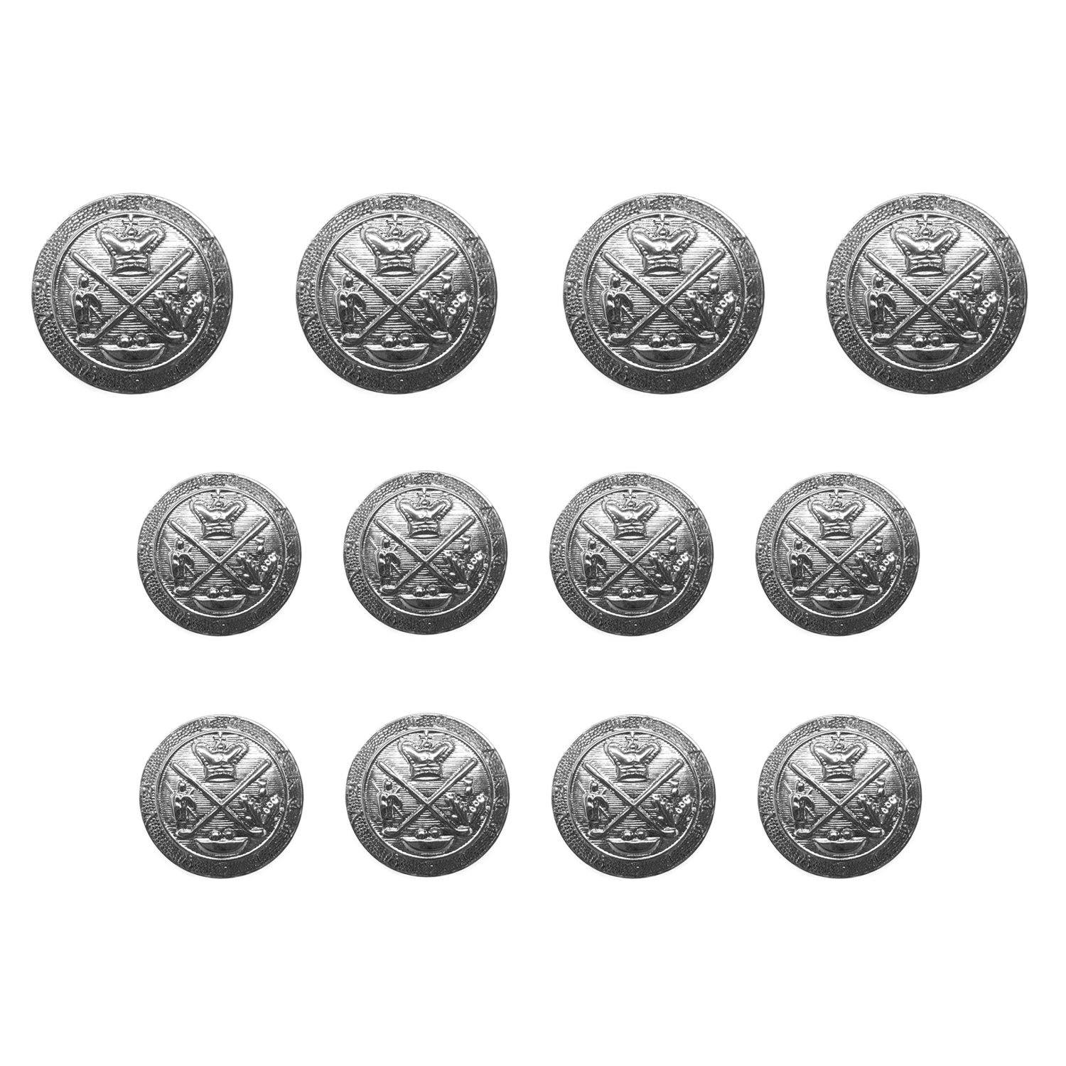 Eleven identical Coat of Arms Design Metal Blazer Buttons are arranged in four rows on a white background, evoking the look of antique silver coins or classic blazer accents.