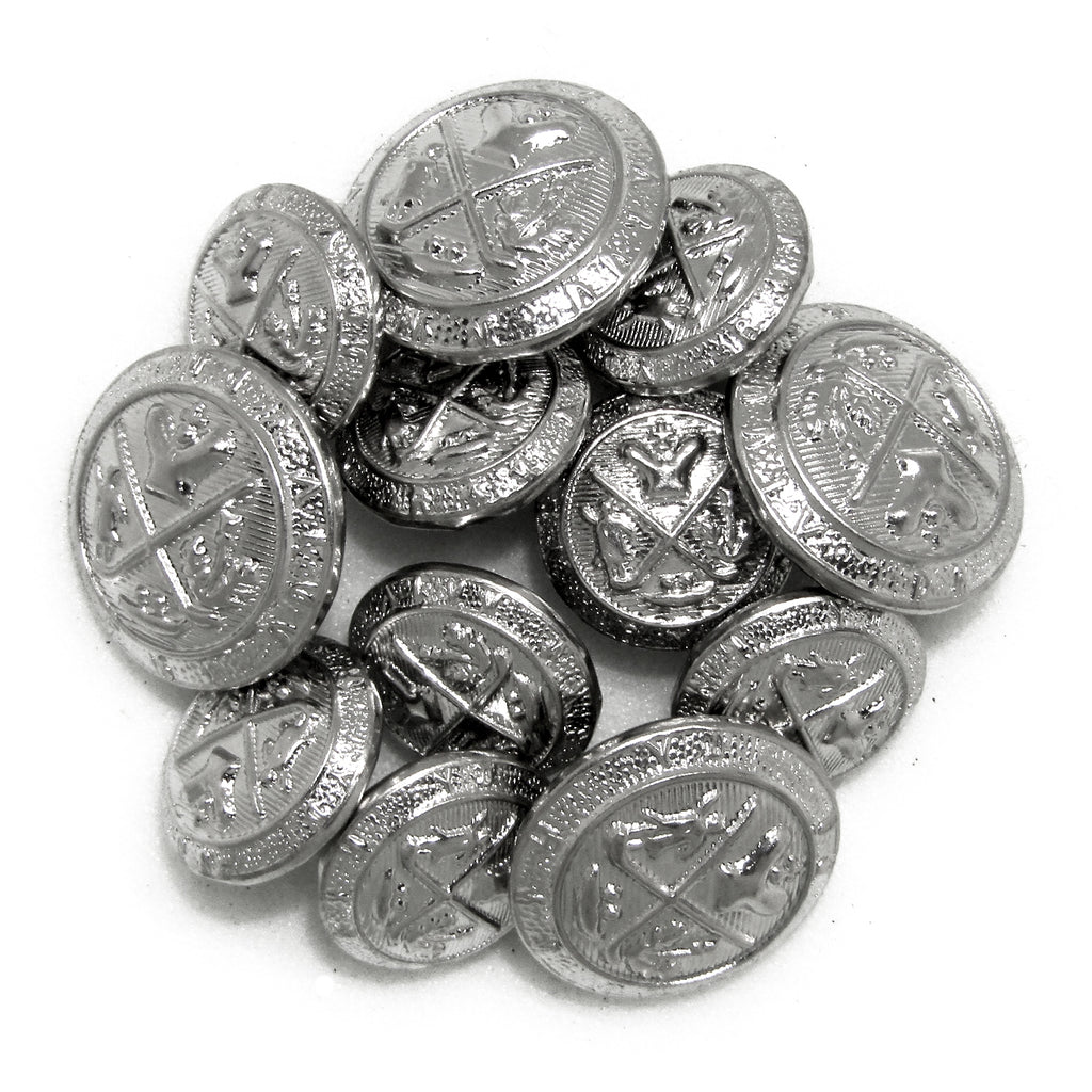 A collection of Coat of Arms Design Metal Blazer Buttons featuring shiny silver and antique gold finishes with intricate crests engraved on each button.