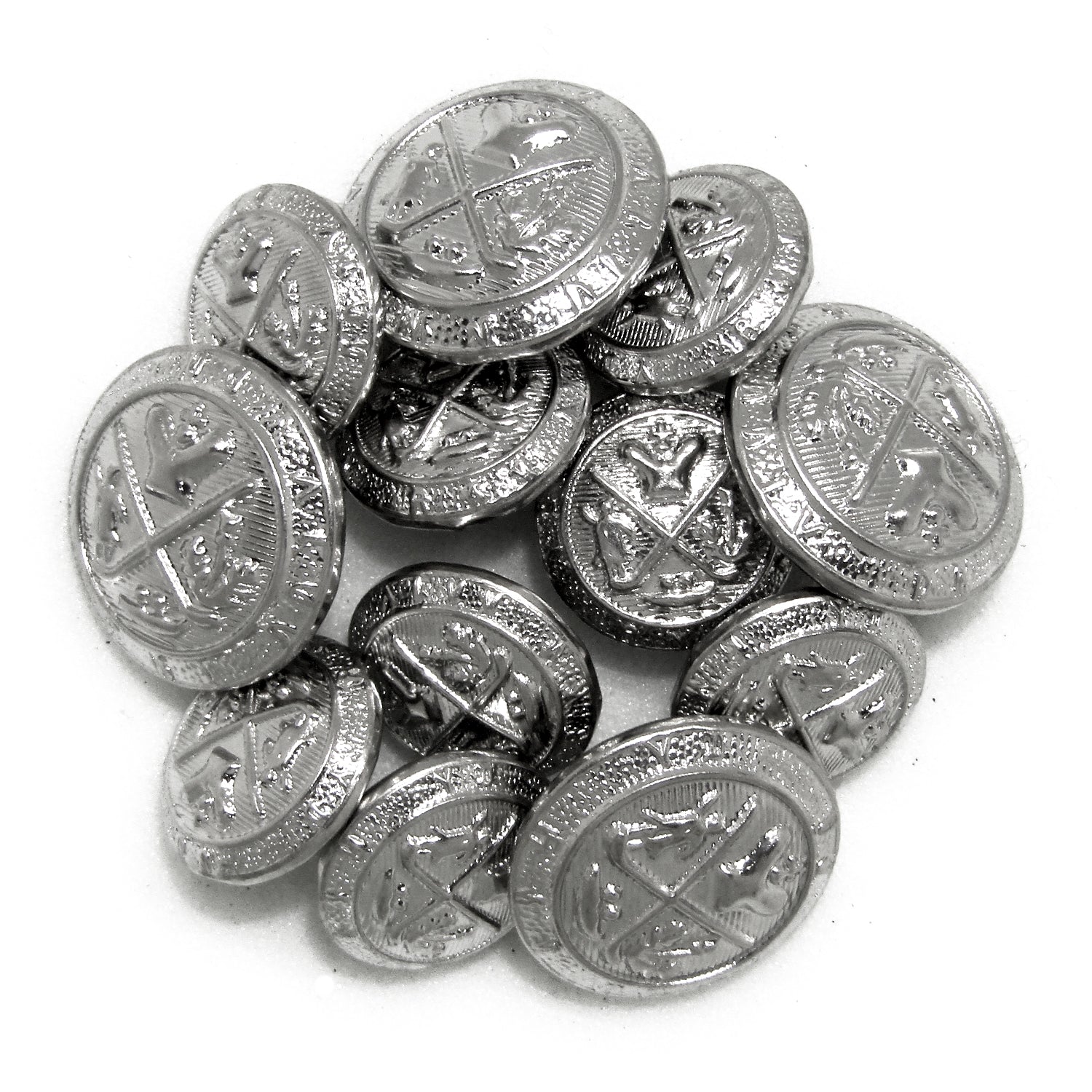 A collection of Coat of Arms Design Metal Blazer Buttons featuring shiny silver and antique gold finishes with intricate crests engraved on each button.
