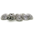 A pile of Coat of Arms Design Metal Blazer Buttons in silver, some lying flat to display their engraved designs and others flipped to reveal the shank on the back.
