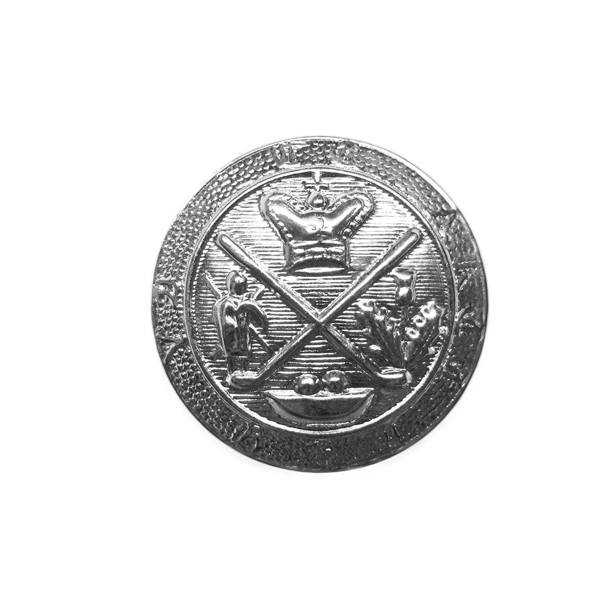 Silver circular badge featuring a crown, two crossed batons, and seated figures—classic style inspired by Coat of Arms Design Metal Blazer Buttons.