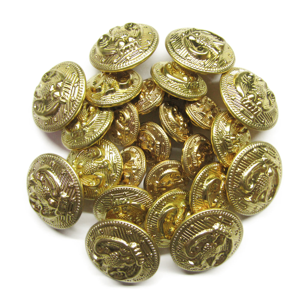 A loose cluster of American Eagle Military Design Metal Blazer Buttons, featuring shiny gold metal with intricate embossed eagle designs.