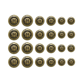 Twenty-four Presidential Design Metal Blazer Buttons featuring an eagle emblem, sorted by size in four rows, are displayed on a white background.