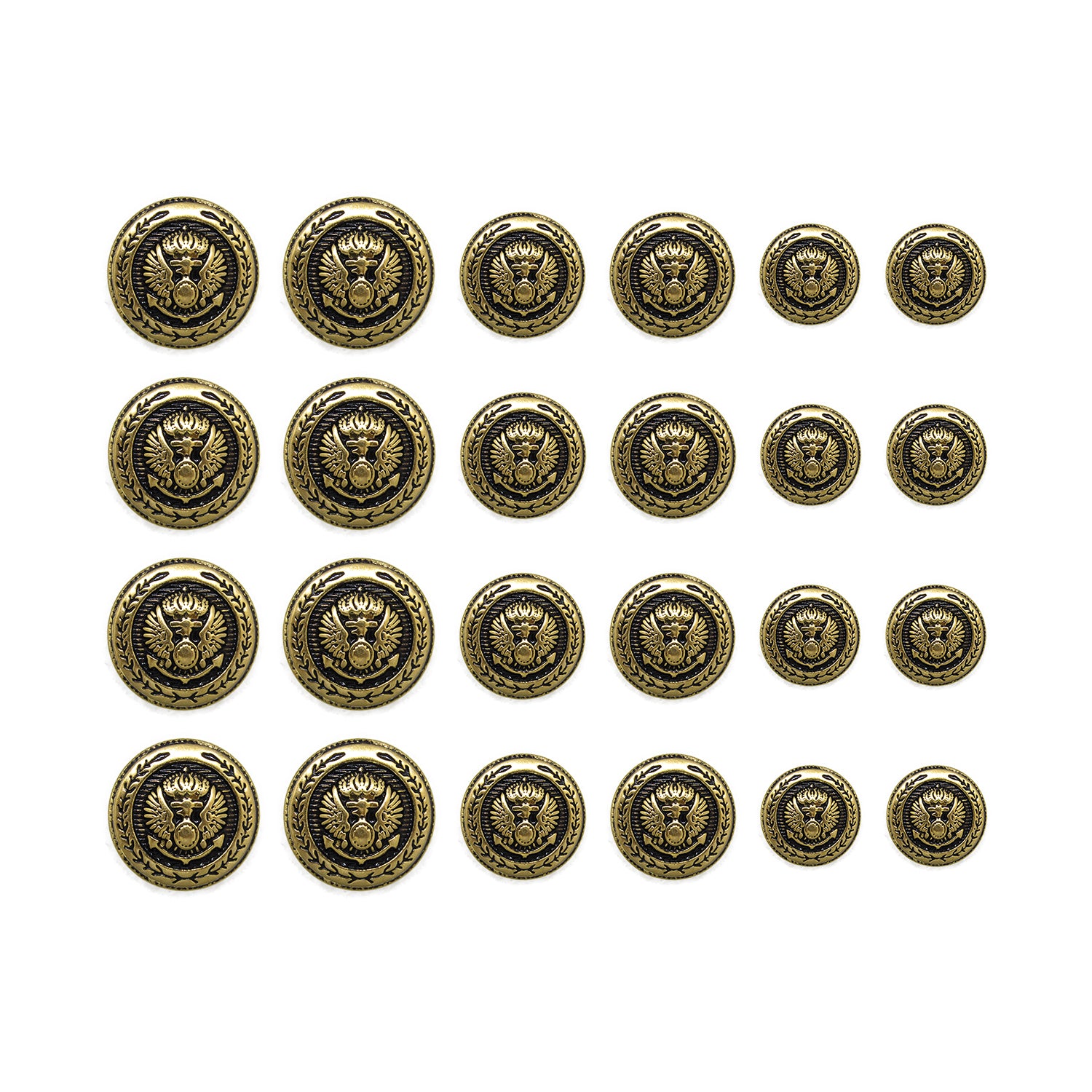 Twenty-four Presidential Design Metal Blazer Buttons featuring an eagle emblem, sorted by size in four rows, are displayed on a white background.