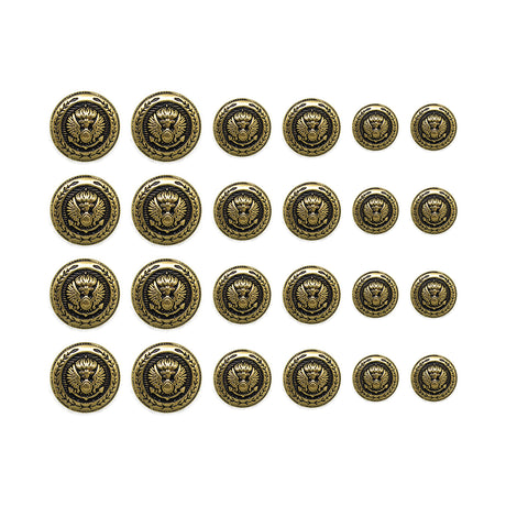 Twenty-four Presidential Design Metal Blazer Buttons featuring an eagle emblem, sorted by size in four rows, are displayed on a white background.
