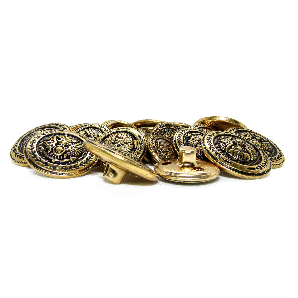 A set of Presidential Design Metal Blazer Buttons with ornate gold detailing displayed on a white background.