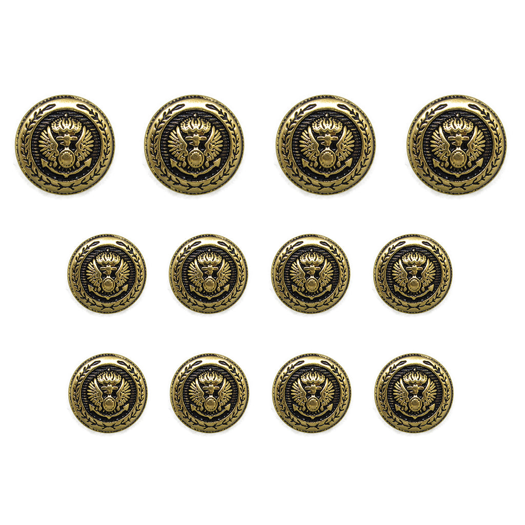 Twelve Presidential Design Metal Blazer Buttons with an eagle emblem shine in three rows on a white background, highlighting the elegance of gold-tone buttons.