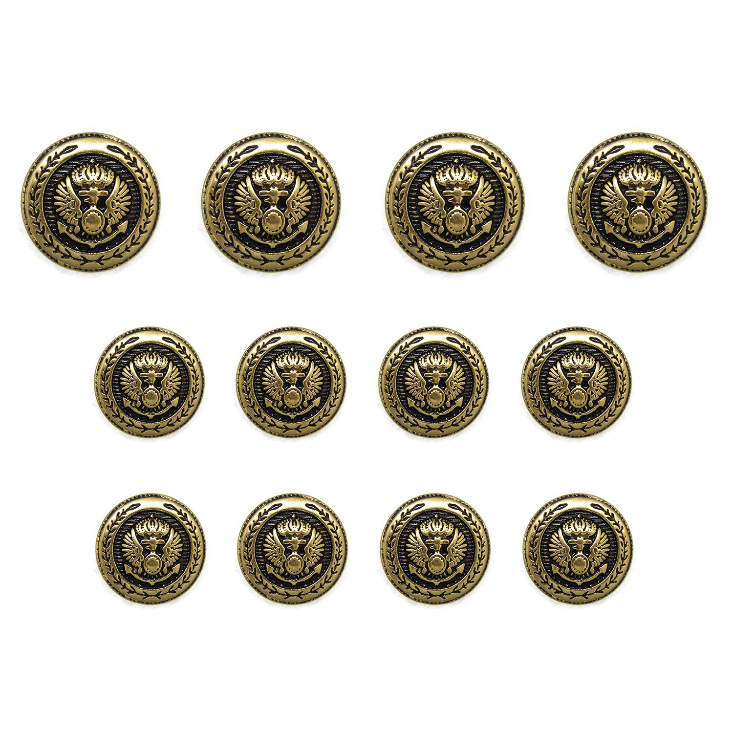 Twelve Presidential Design Metal Blazer Buttons with an eagle emblem shine in three rows on a white background, highlighting the elegance of gold-tone buttons.