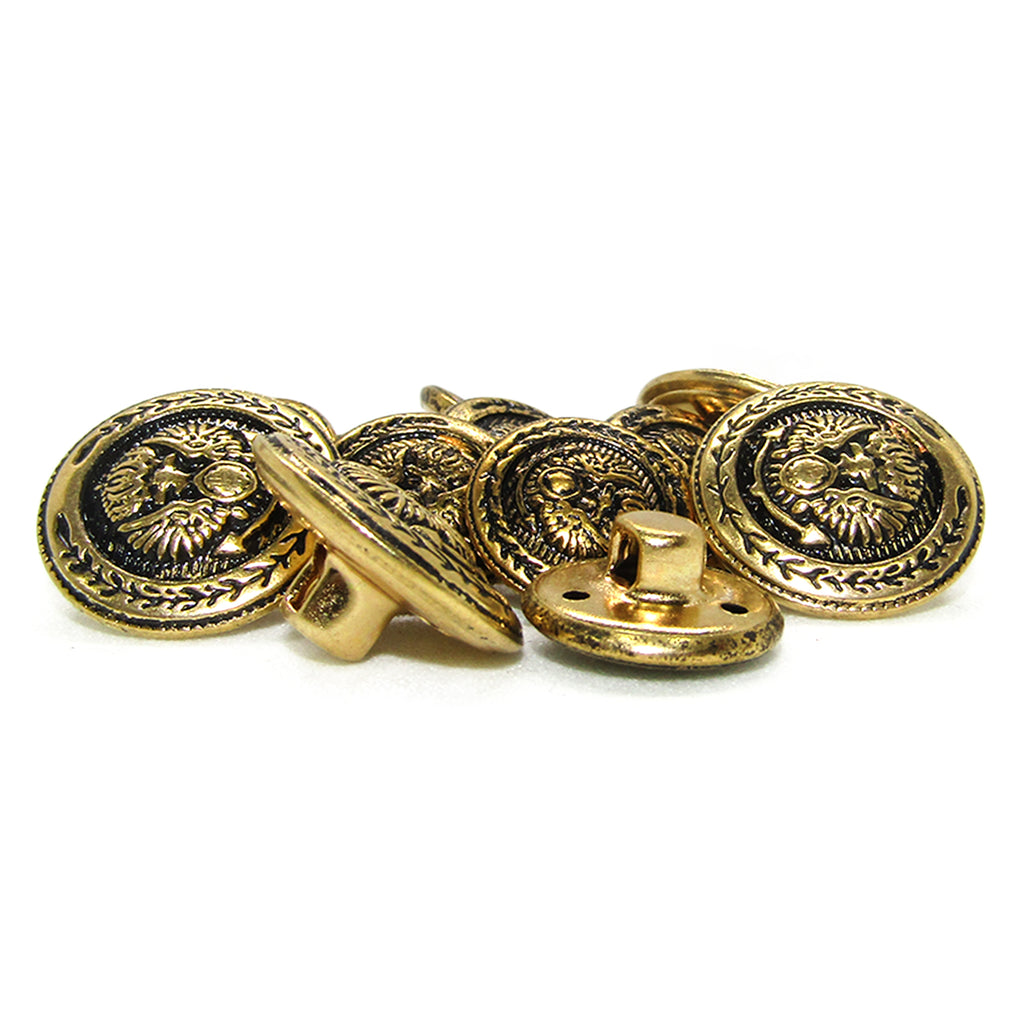 Presidential Design Metal Blazer Buttons, featuring embossed lion faces and laurel wreaths, are displayed on a white background.