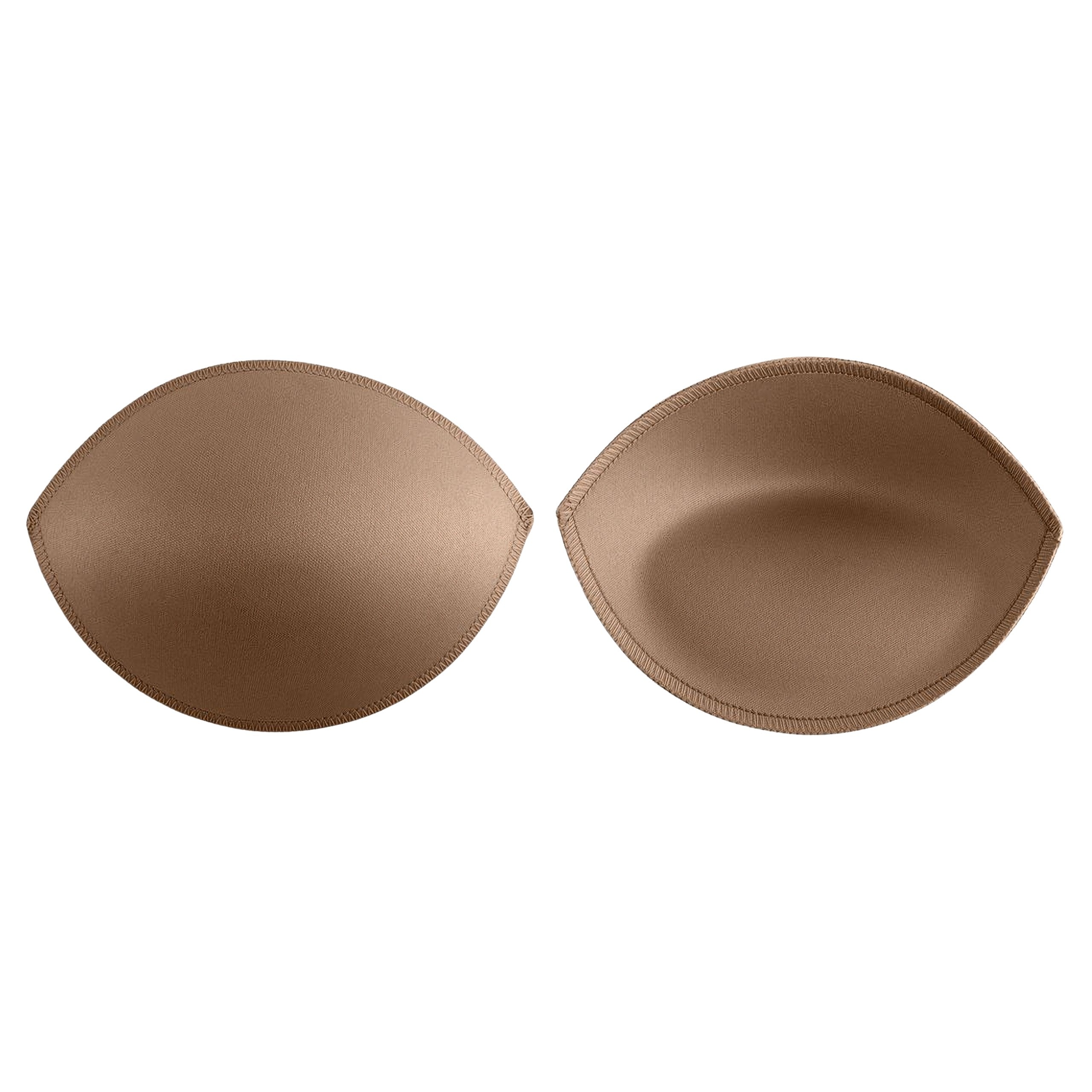 A pair of Padded Bra Cup Inserts in brown, with one shown flat and the other displaying its curved, contoured side.