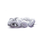 A pile of Silk Satin Bridal Buttons with metal shanks rests on a white background—ideal as delicate trim for wedding dresses.