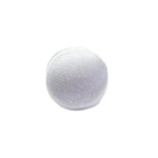 A round, white, textured object—resembling the Silk Satin Bridal Buttons often seen on wedding dresses—rests against a plain white background.
