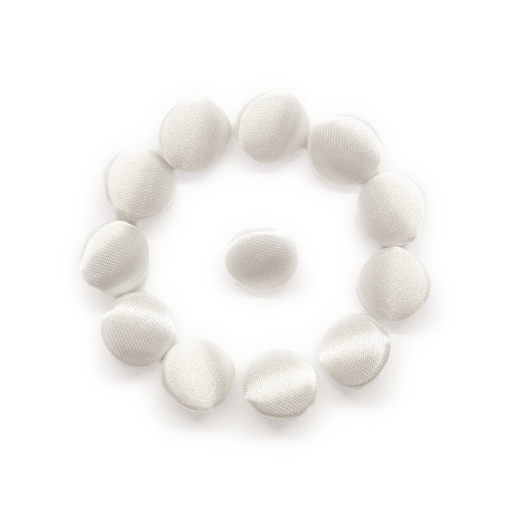 Twelve Silk Satin Bridal Buttons—eleven arranged in a circle around one—are displayed on a white background.