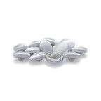 Silk Satin Bridal Buttons: a collection of smooth, oval, white buttons grouped on a white background, ideal as delicate trim for wedding dresses.