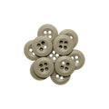 Nine Uniform Shirt Buttons, made of beige melamine with four holes each, are arranged in a circular pattern on a white background.