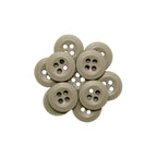 Nine Uniform Shirt Buttons, made of beige melamine with four holes each, are arranged in a circular pattern on a white background.