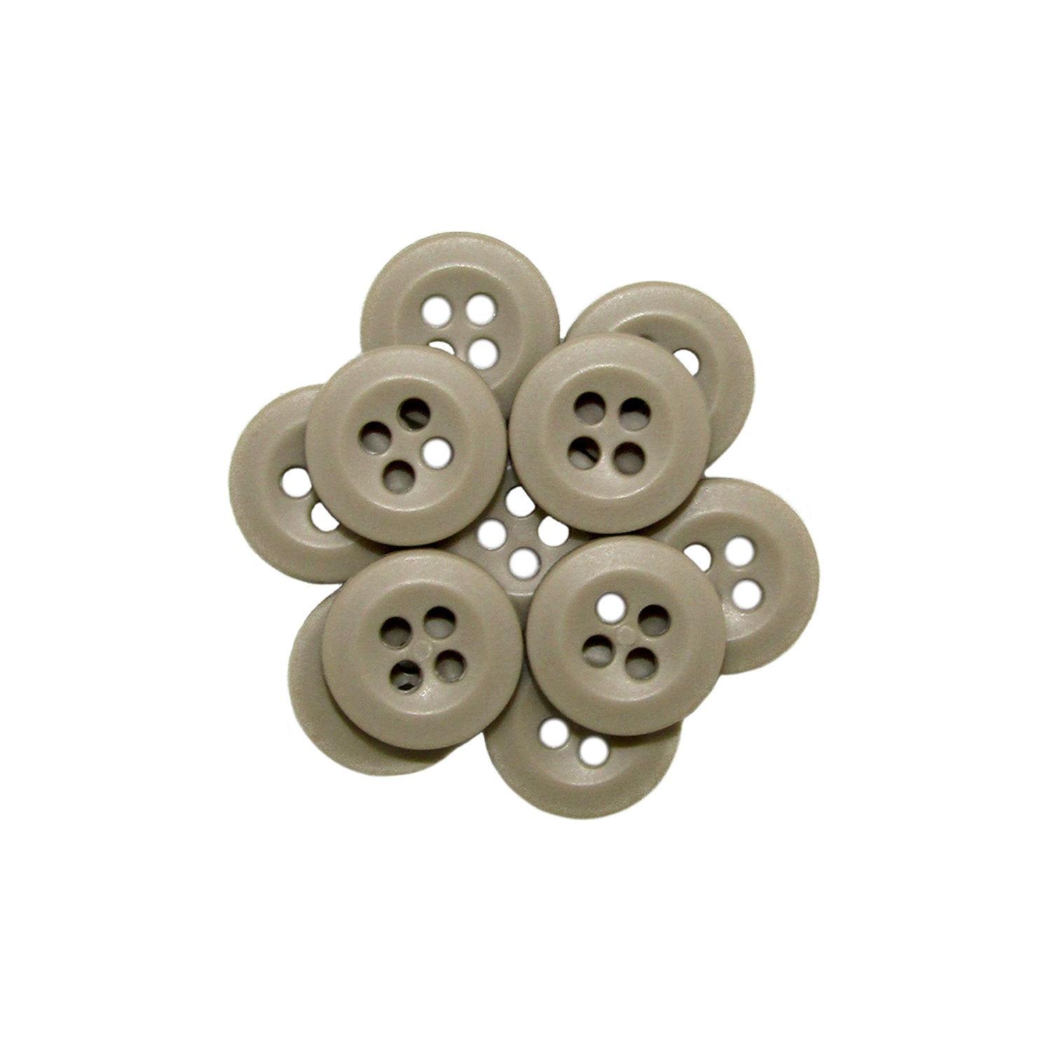 Nine Uniform Shirt Buttons, made of beige melamine with four holes each, are arranged in a circular pattern on a white background.
