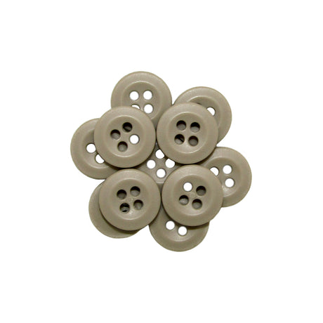 Nine Uniform Shirt Buttons, made of beige melamine with four holes each, are arranged in a circular pattern on a white background.