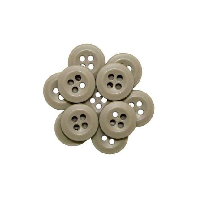 Nine Uniform Shirt Buttons, made of beige melamine with four holes each, are arranged in a circular pattern on a white background.