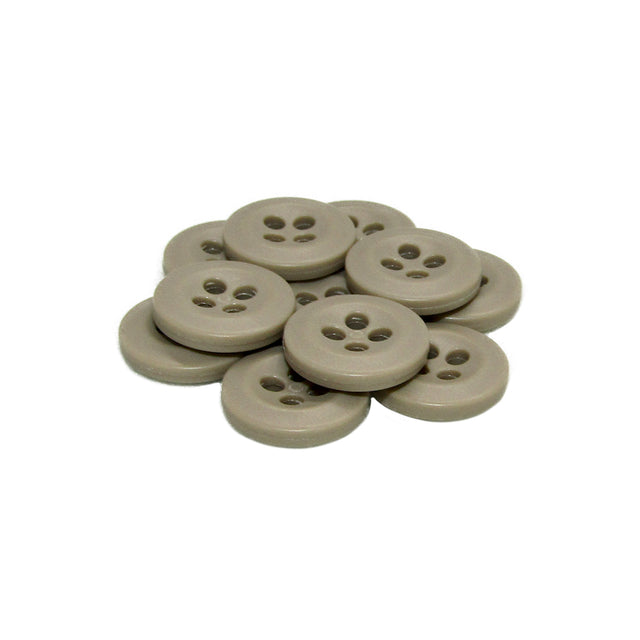A stack of round, beige Uniform Shirt Buttons made of melamine, typically used for uniform shirts, neatly arranged on a white background.