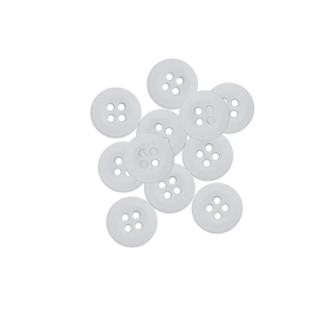 Ten Uniform Shirt Buttons, made of white melamine with four holes, are scattered on a white background, showcasing their classic style and smooth finish.