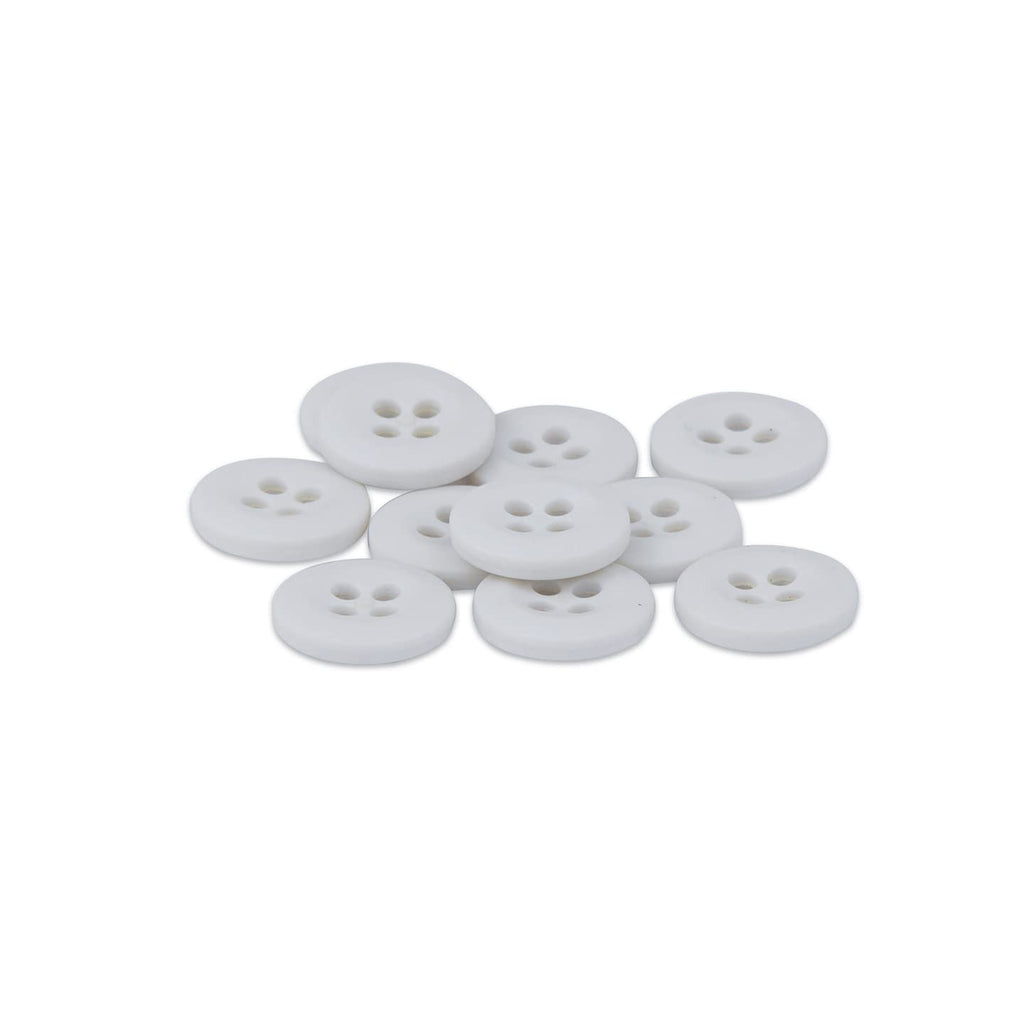 A pile of Uniform Shirt Buttons—small, round, white melamine buttons with four holes—sits on a white background.