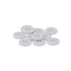 A pile of Uniform Shirt Buttons—small, round, white melamine buttons with four holes—sits on a white background.