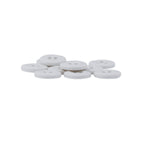 A pile of Uniform Shirt Buttons, round and white with two holes, is shown on a white background.
