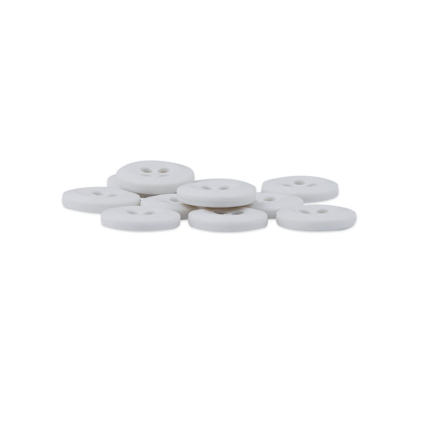 A pile of Uniform Shirt Buttons, round and white with two holes, is shown on a white background.