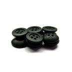 Six black Rubber Shirt Buttons with four holes and a scratchproof finish, displayed on a white background—ideal for children's clothing projects.