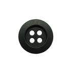 A black, round, four-hole Rubber Shirt Button with a scratchproof finish on a white background—ideal for children's clothing.