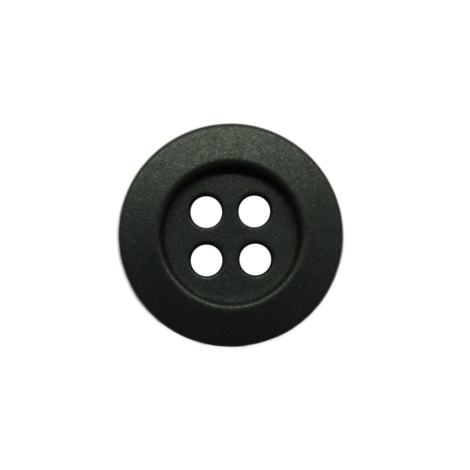 A black, round, four-hole Rubber Shirt Button with a scratchproof finish on a white background—ideal for children's clothing.
