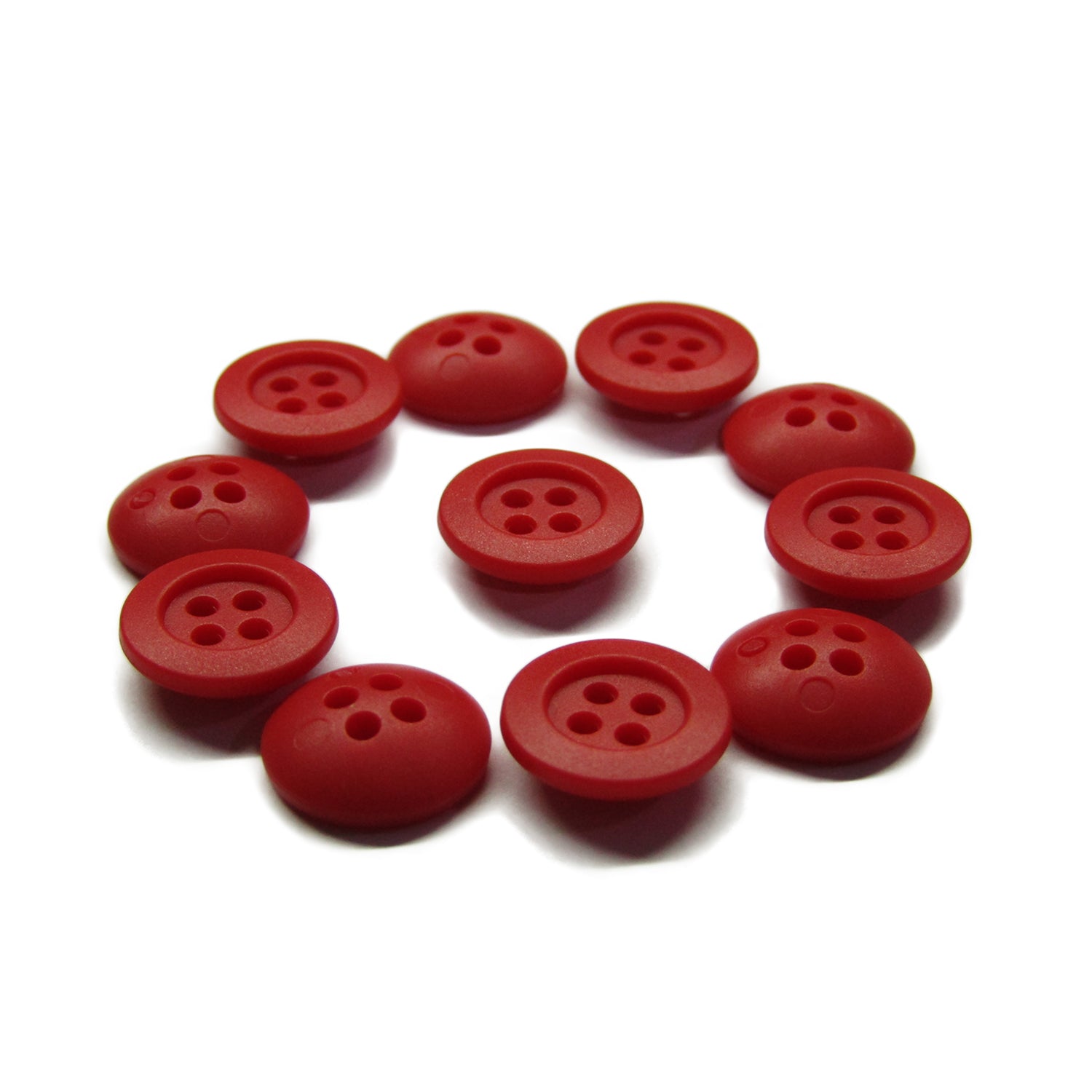 Ten red Rubber Shirt Buttons arranged in a circle on a white background.