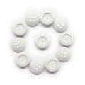 Eleven Rubber Shirt Buttons, ideal for children's clothing, are arranged in a circle on a white background.