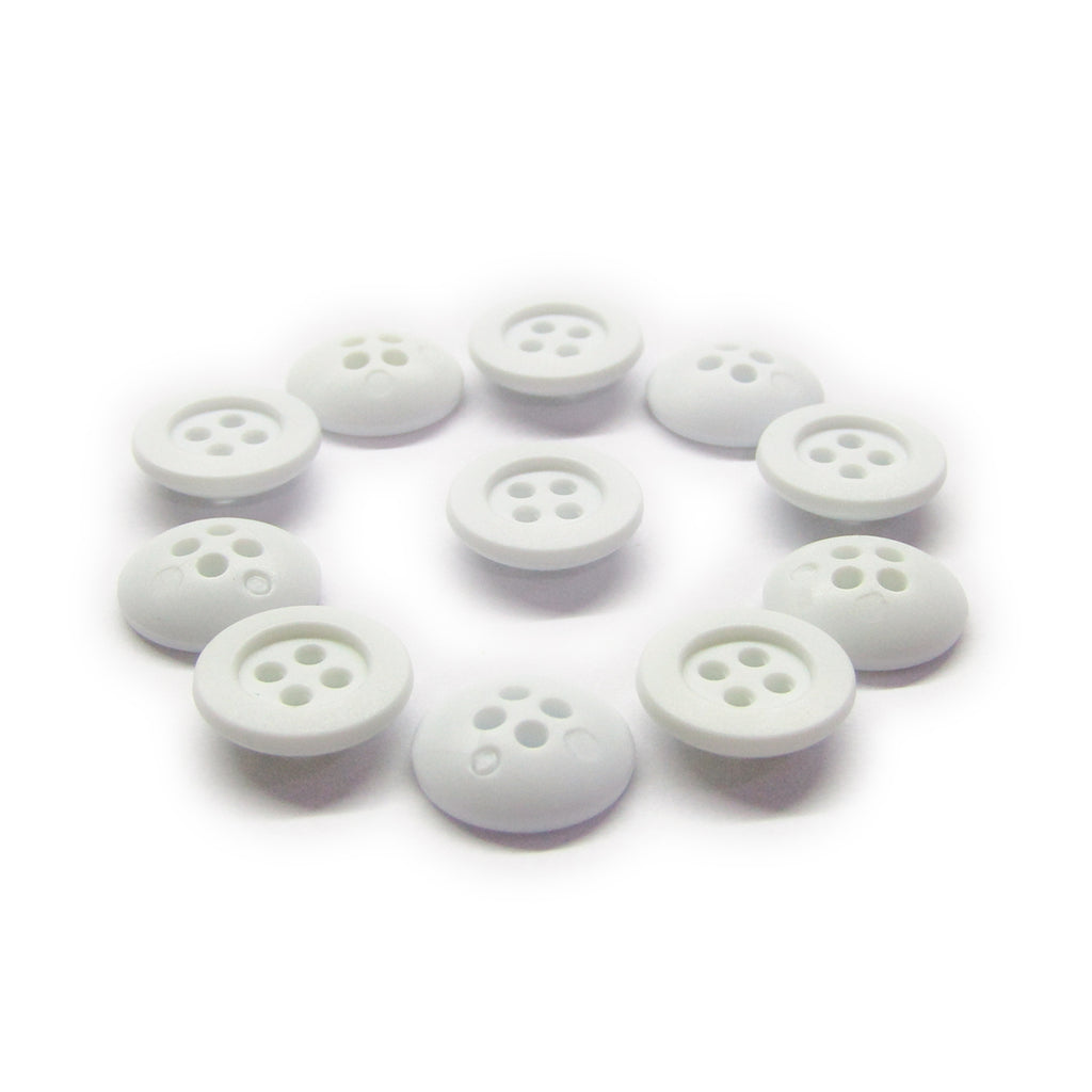 Ten round, white Rubber Shirt Buttons with four holes and scratchproof surfaces are arranged in a neat circle on a white background—ideal for children’s clothing.