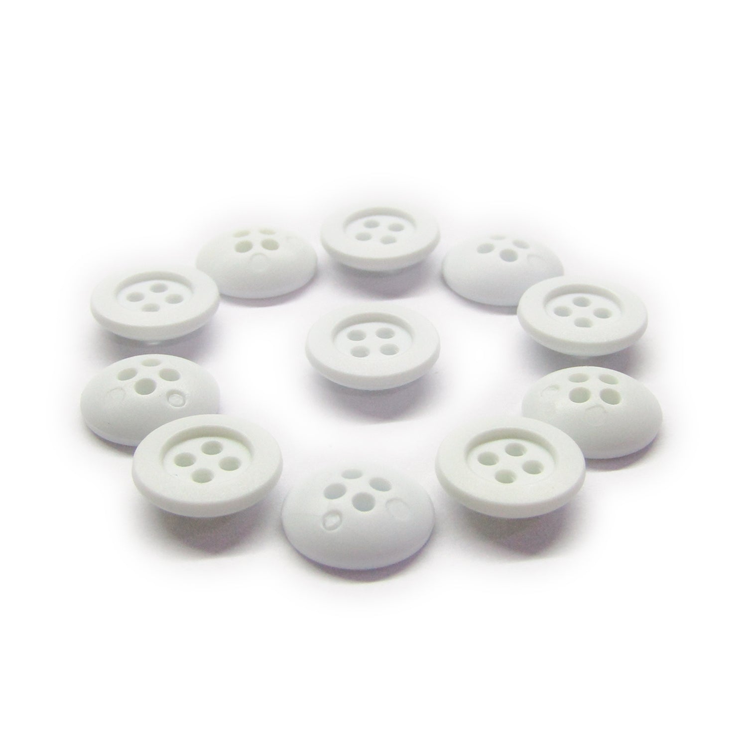 Ten round, white Rubber Shirt Buttons with four holes and scratchproof surfaces are arranged in a neat circle on a white background—ideal for children’s clothing.